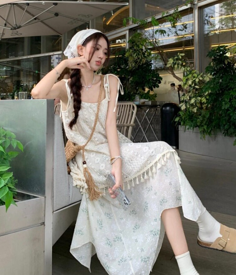 Lace Overlay Tassel Trim Asymmetric Hem Cami Midi Dress
