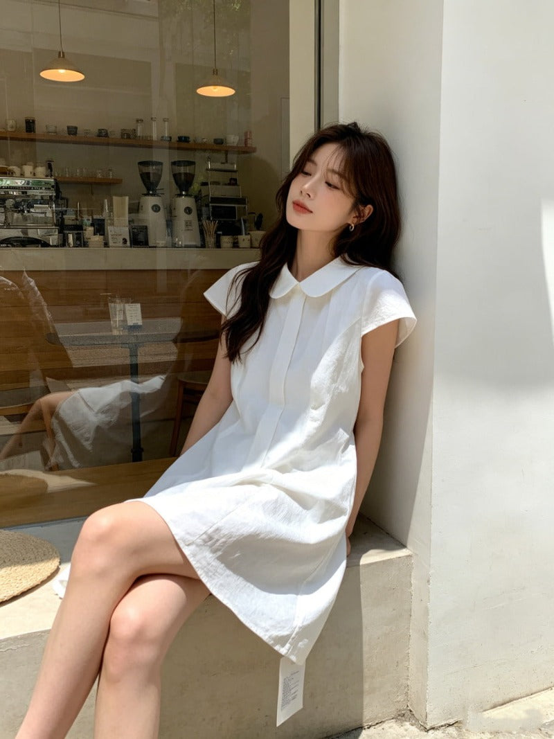 Ivory Peter Pan Collar Short Sleeve Waist-Defined A-Line Mini Dress