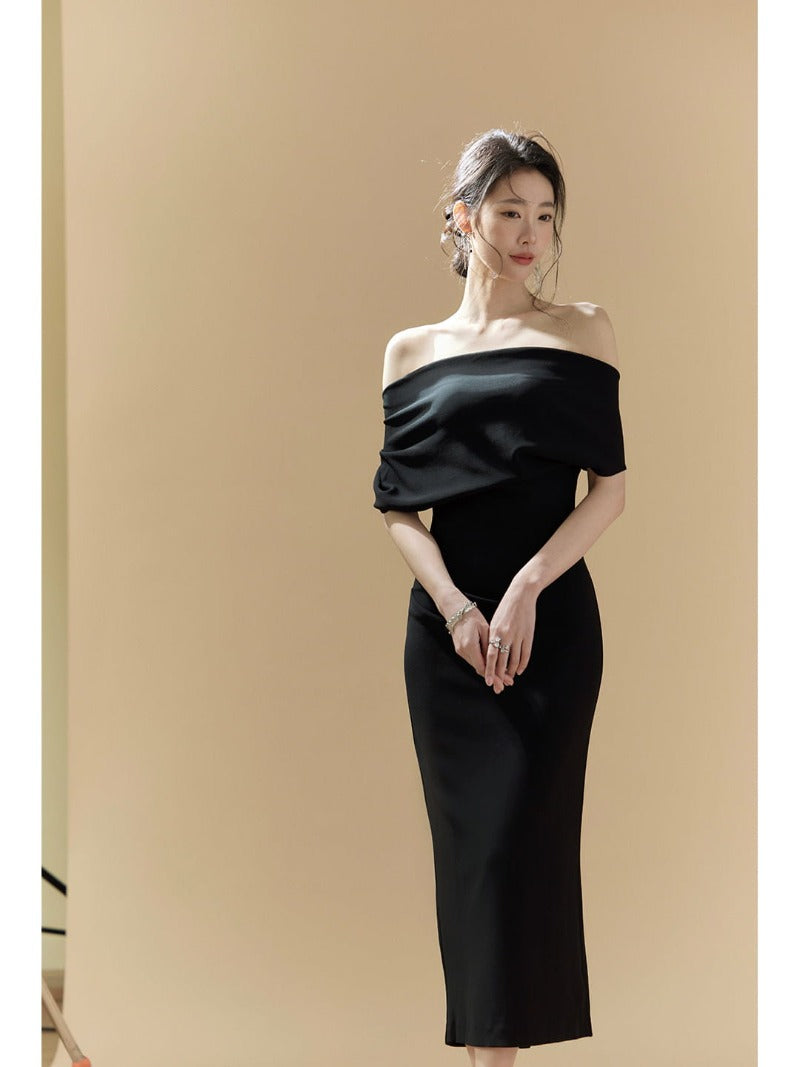 Asymmetric One Shoulder Draped Bodycon Midi Dress