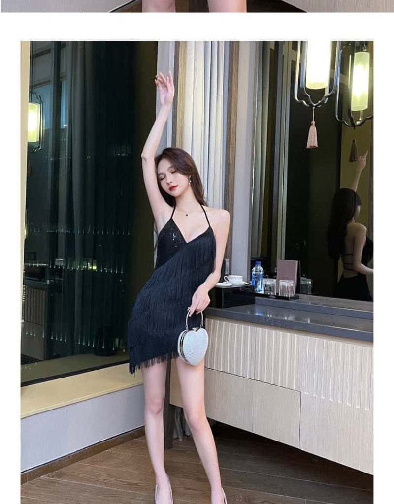 Black Fringe Halter V Neck Bodycon Mini Dress