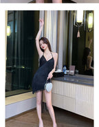 Black Fringe Halter V Neck Bodycon Mini Dress