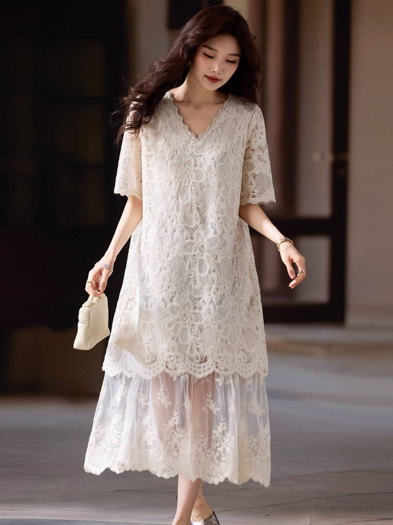 Ivory V Neck Lace Short Sleeve Shift Midi Dress