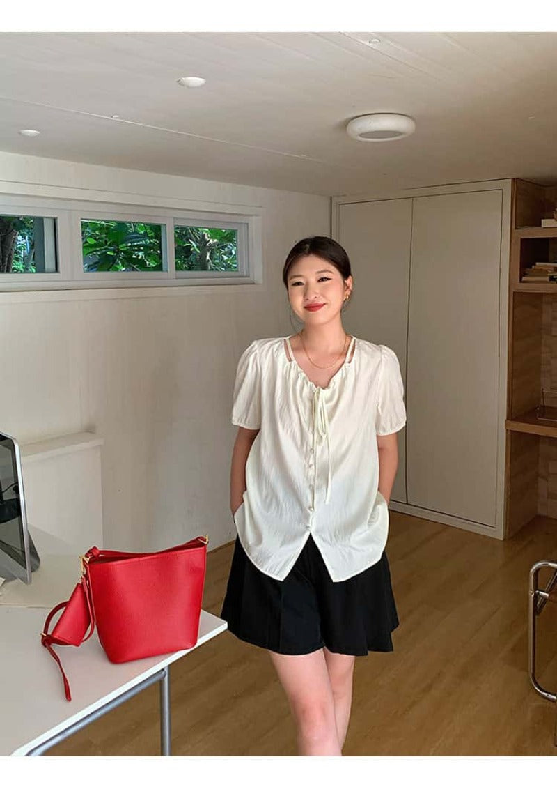 Apricot/Black Tie Front V Neck Puff Sleeve Blouse Top