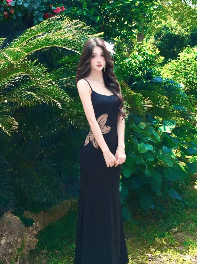 Black Cutout Embroidered Bodycon Maxi Dress