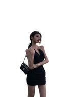 White/Black Halter Ruched Bodycon Mini Dress