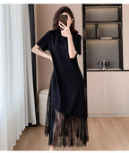 Black Round Neck Short Sleeve Lace Maxi Dress
