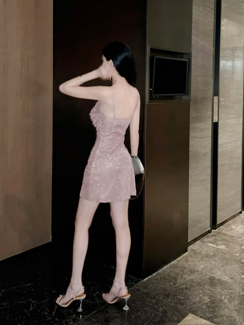 Pink Glitter Spaghetti Strap Mini Dress