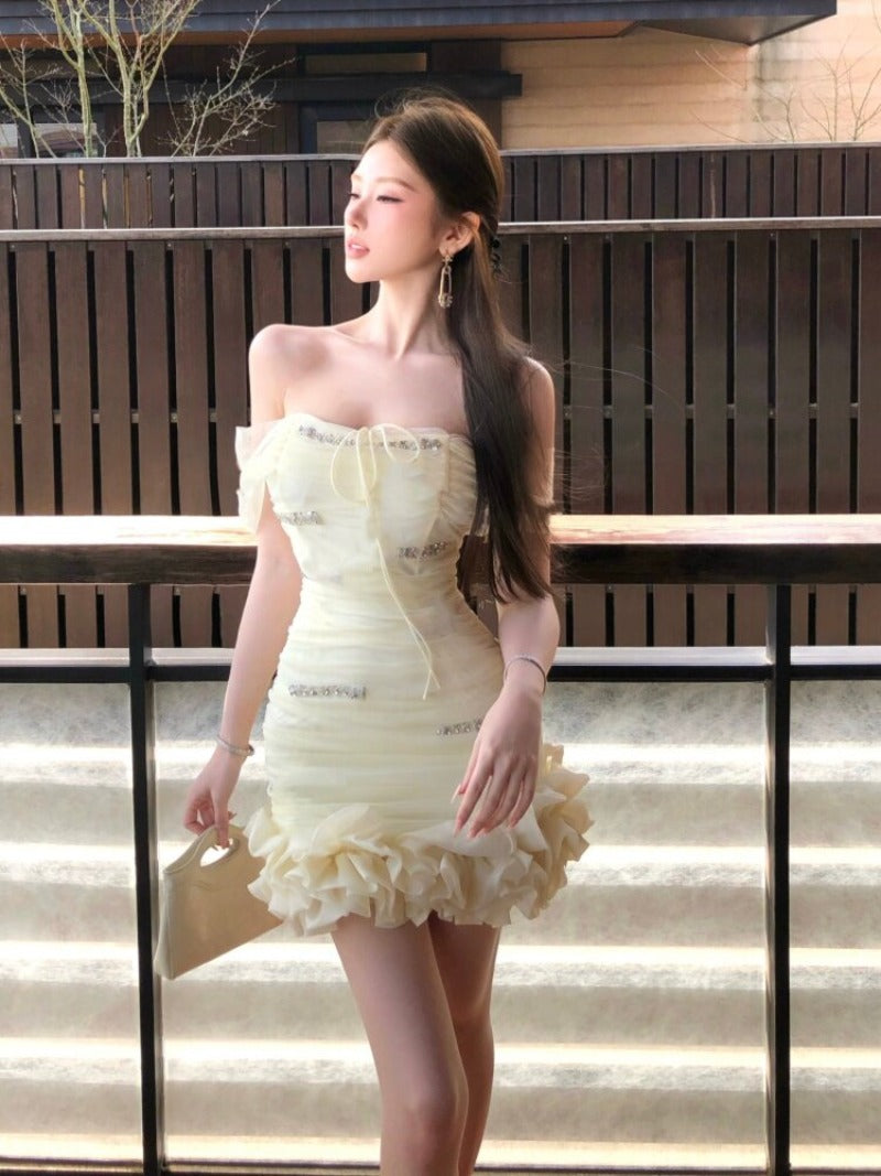 Pale Yellow Off Shoulder Ruched Mesh Bodycon Mini Dress