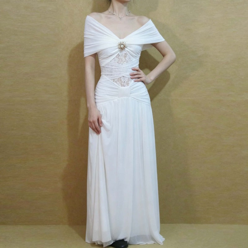 White Off Shoulder Ruched Mesh Panel A-Line Maxi Dress