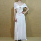 White Off Shoulder Ruched Mesh Panel A-Line Maxi Dress
