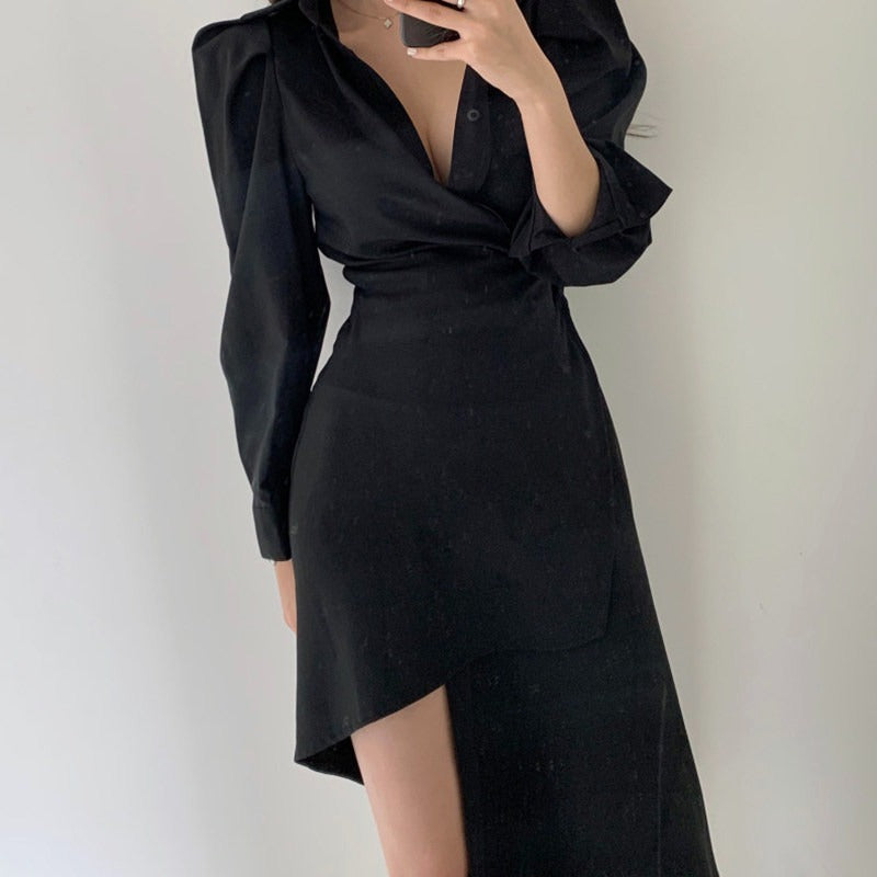 Apricot/Black Collared Wrap Asymmetric Hem Shirt Dress