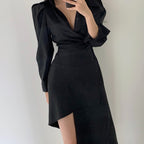 Apricot/Black Collared Wrap Asymmetric Hem Shirt Dress