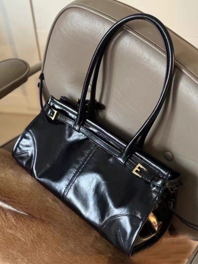 Black Glossy Shoulder Bag with Buckle Detail