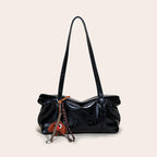 Retro Glossy Leather Shoulder Bag with Charm