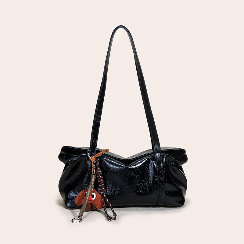 Retro Glossy Leather Shoulder Bag with Charm