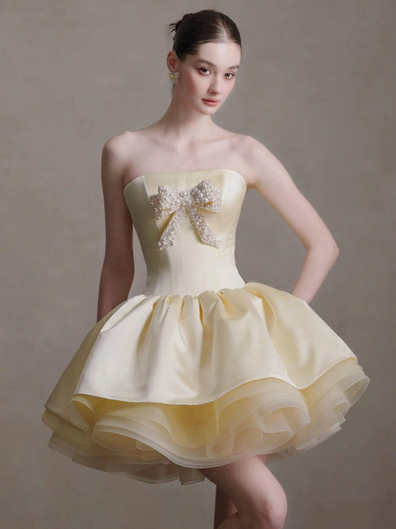 Pale Yellow Strapless Rhinestone Bow Bubble Mini Dress