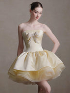 Pale Yellow Strapless Rhinestone Bow Bubble Mini Dress