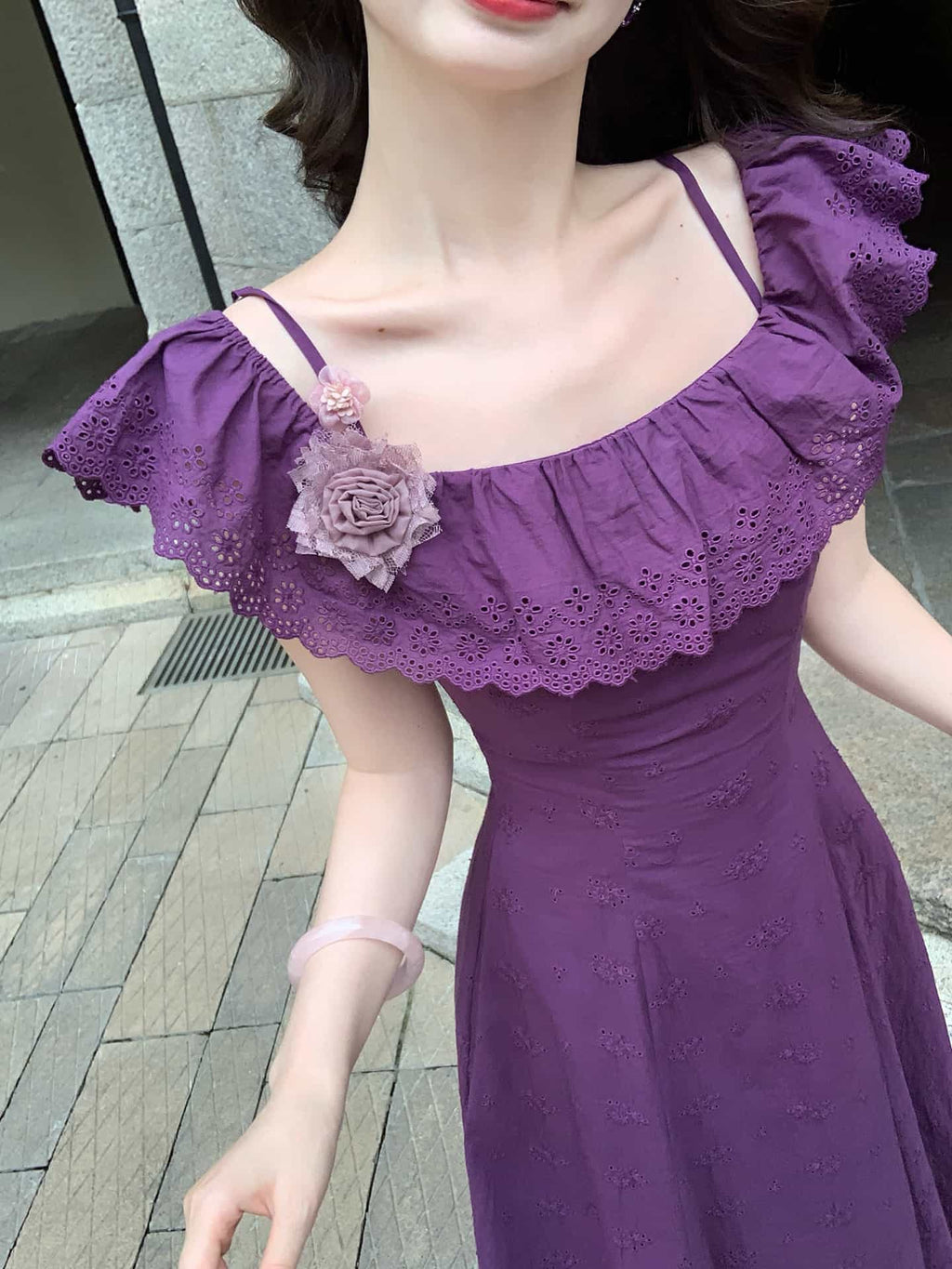 Purple Off Shoulder Embroidered A-Line Maxi Dress