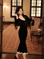 Black Velvet Lace Square Neck Mermaid Midi Dress