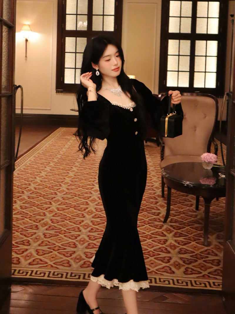 Black Velvet Lace Square Neck Mermaid Midi Dress