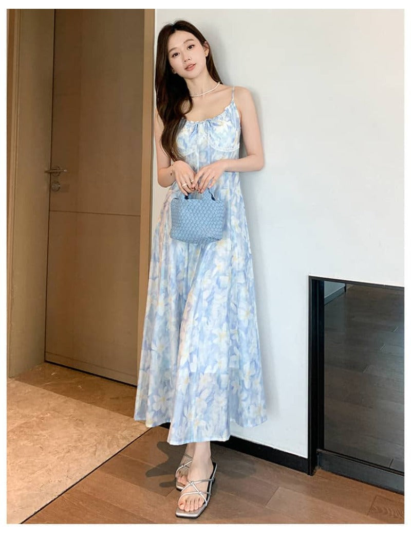 French Style Printed Tie Front Cami A-Line Maxi Dress