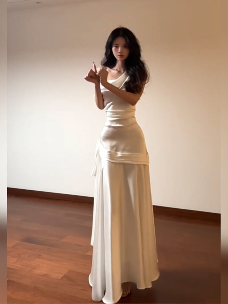 Champagne Asymmetric Draped Mermaid Maxi Dress