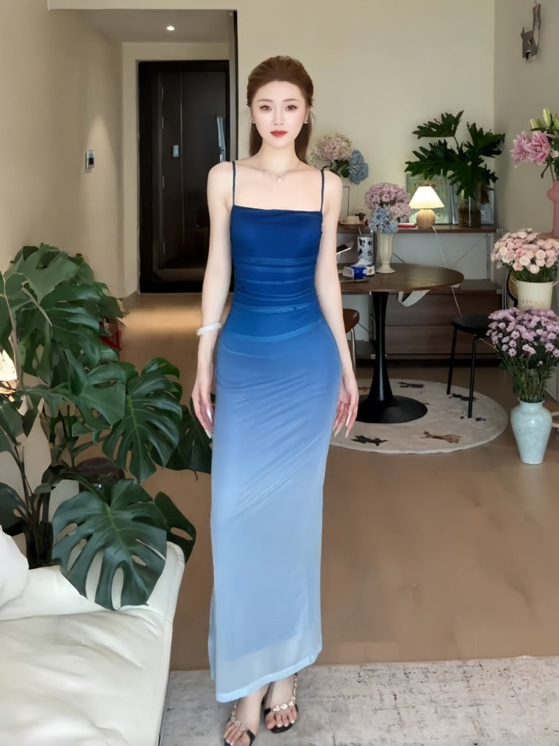 Gradient Mesh Spaghetti Strap Bodycon Maxi Dress