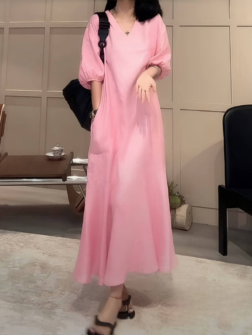 V-Neck Puff Sleeve High Waist A-Line Maxi Dress