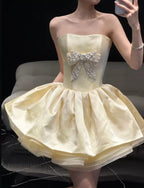 Pale Yellow Strapless Rhinestone Bow Bubble Mini Dress