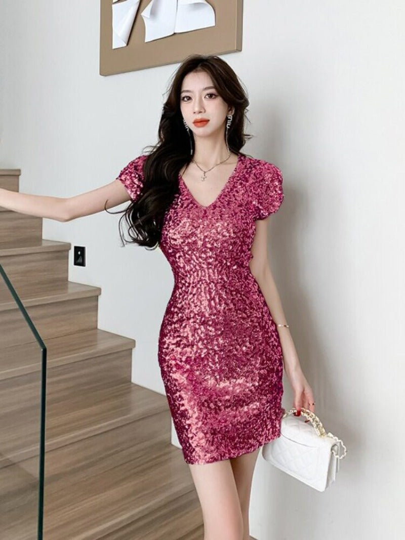 Sequin V Neck Ruched Bodycon Mini Dress