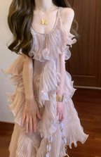 Blush Pleated Ruffle Tiered A-Line Mini Dress