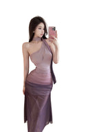 Sultry Purple Gradient Scarf Neck Mesh Maxi Dress