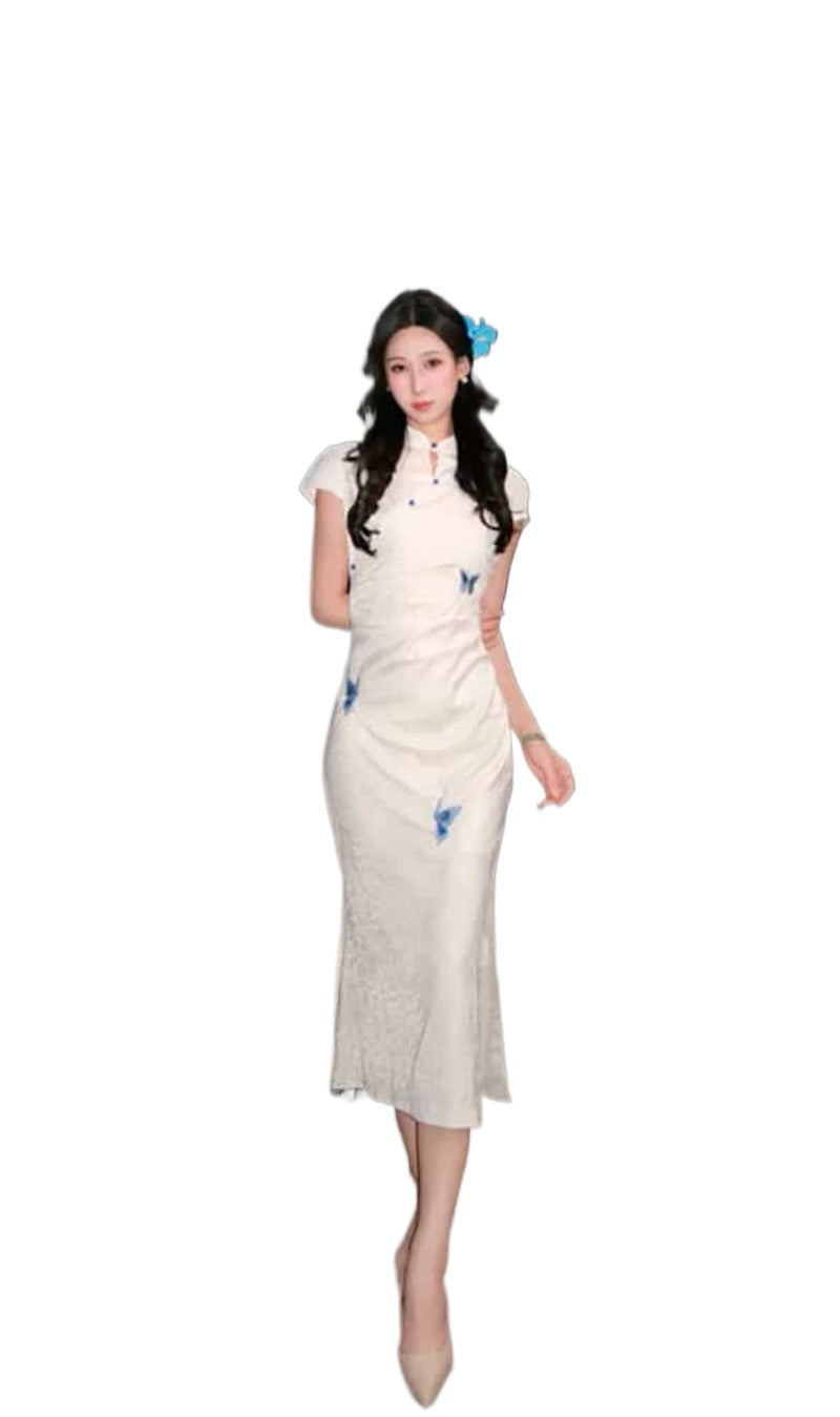 Ivory Butterfly Embroidered Mandarin Collar Maxi Dress Main image