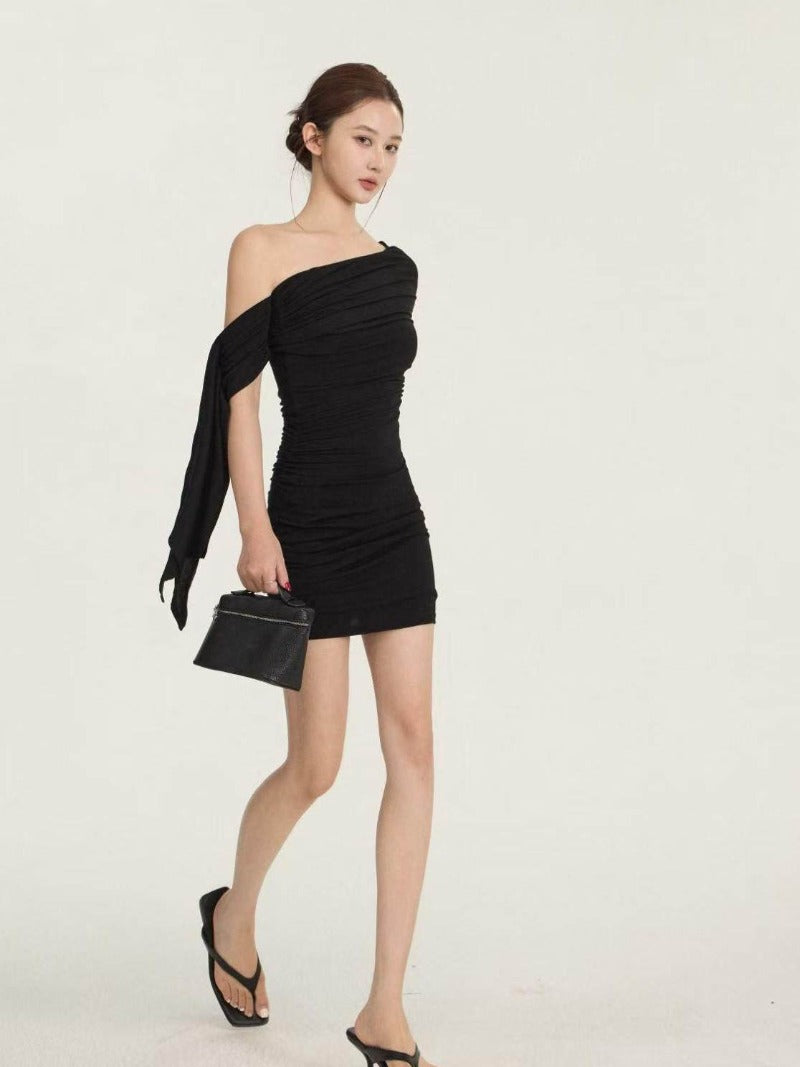 Black One Shoulder Ruched Sash Bodycon Mini Dress