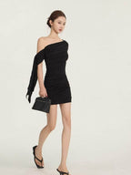 Black One Shoulder Ruched Sash Bodycon Mini Dress