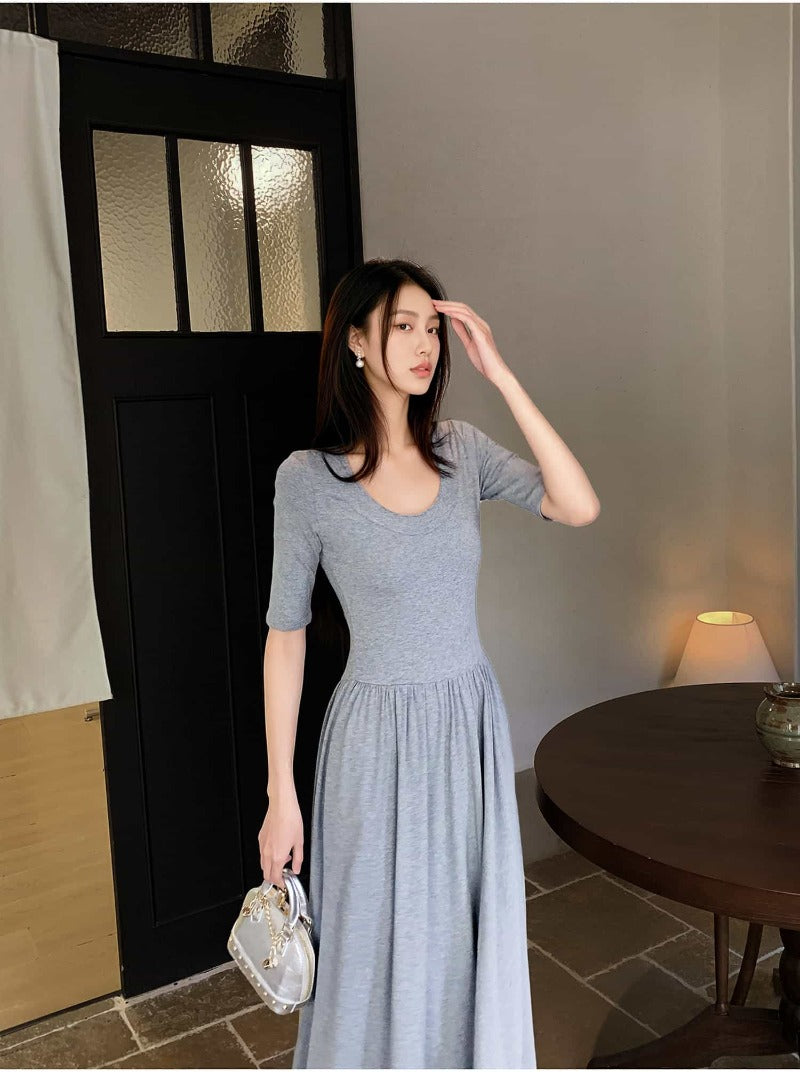 Gray U Neck Fit and Flare Maxi Dress