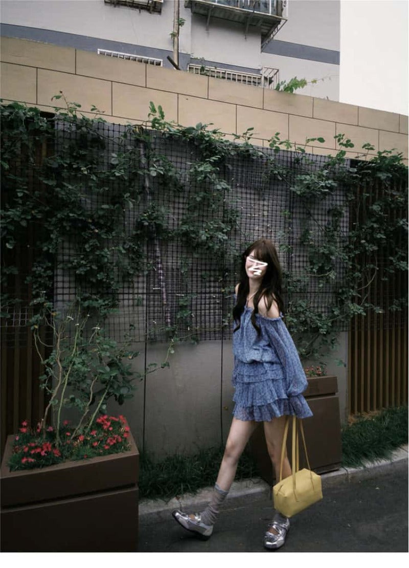 Blue Floral Off Shoulder Ruffle Mini Dress Set Secondary image