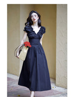 Pink/Black V Neck Ruffle Sleeve Midi Dress