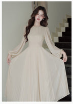Elegant Pleated Lantern Sleeve Fit-and-Flare Maxi Dress