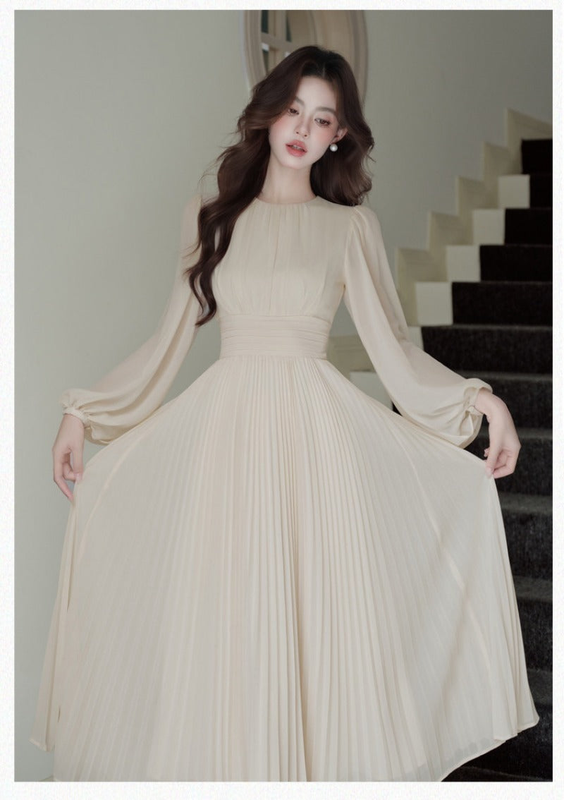 Elegant Pleated Lantern Sleeve Fit-and-Flare Maxi Dress