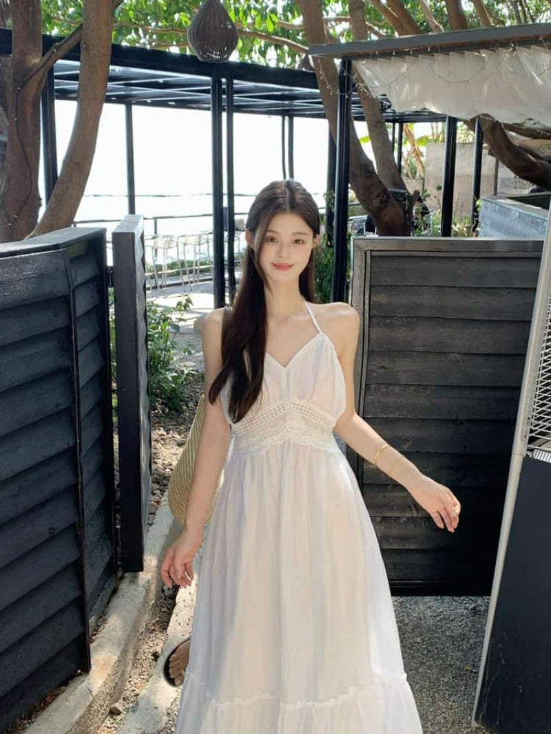 Lace Back Halter A-Line Maxi Dress