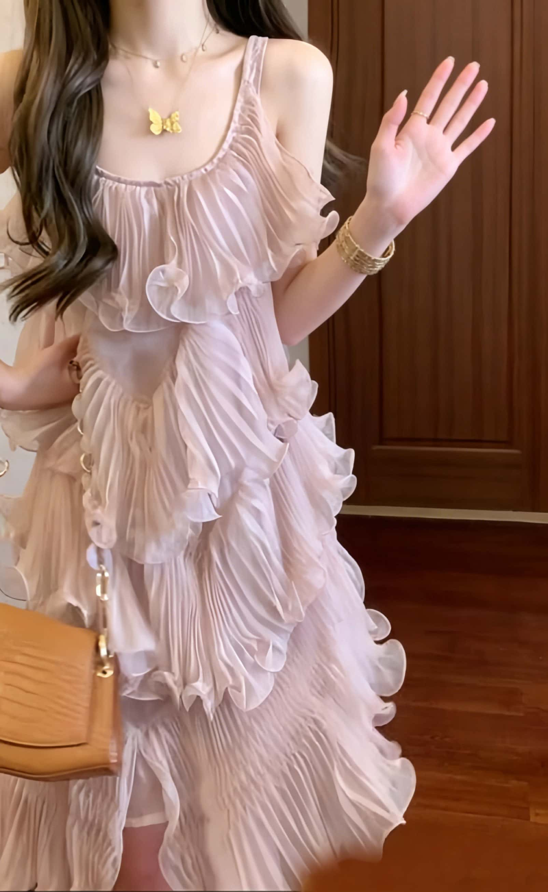 Blush Pleated Ruffle Tiered A-Line Mini Dress