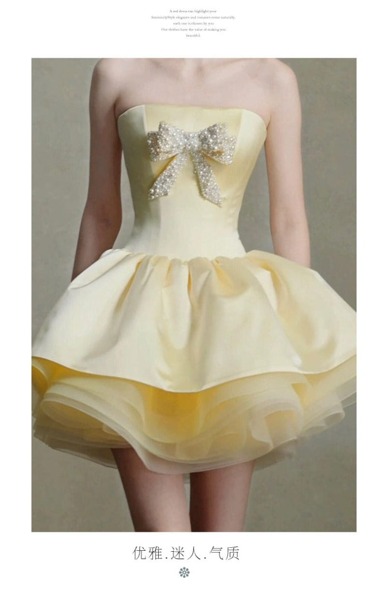 Pale Yellow Strapless Rhinestone Bow Bubble Mini Dress