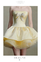 Pale Yellow Strapless Rhinestone Bow Bubble Mini Dress