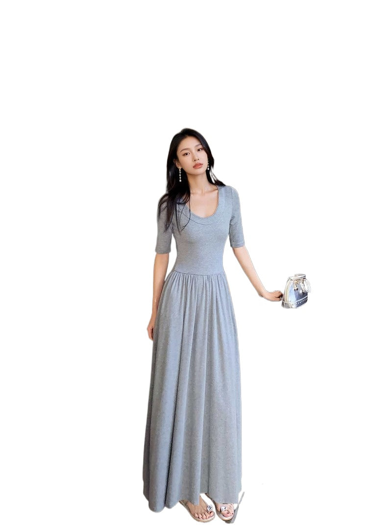 Gray U Neck Fit and Flare Maxi Dress