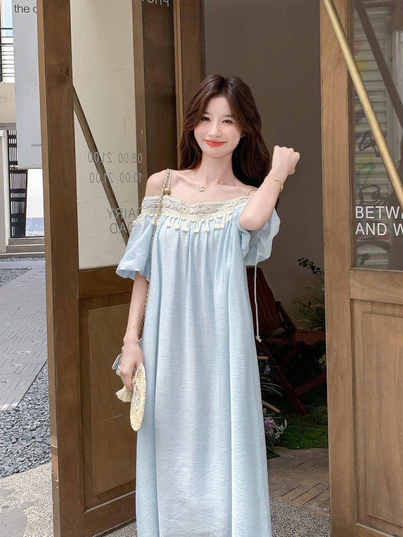 Light Blue Tassel Trim Off-Shoulder Maxi Dress