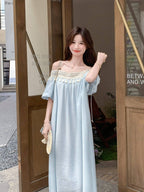 Light Blue Tassel Trim Off-Shoulder Maxi Dress