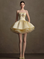 Pale Yellow Strapless Rhinestone Bow Bubble Mini Dress
