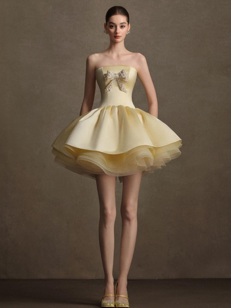 Pale Yellow Strapless Rhinestone Bow Bubble Mini Dress