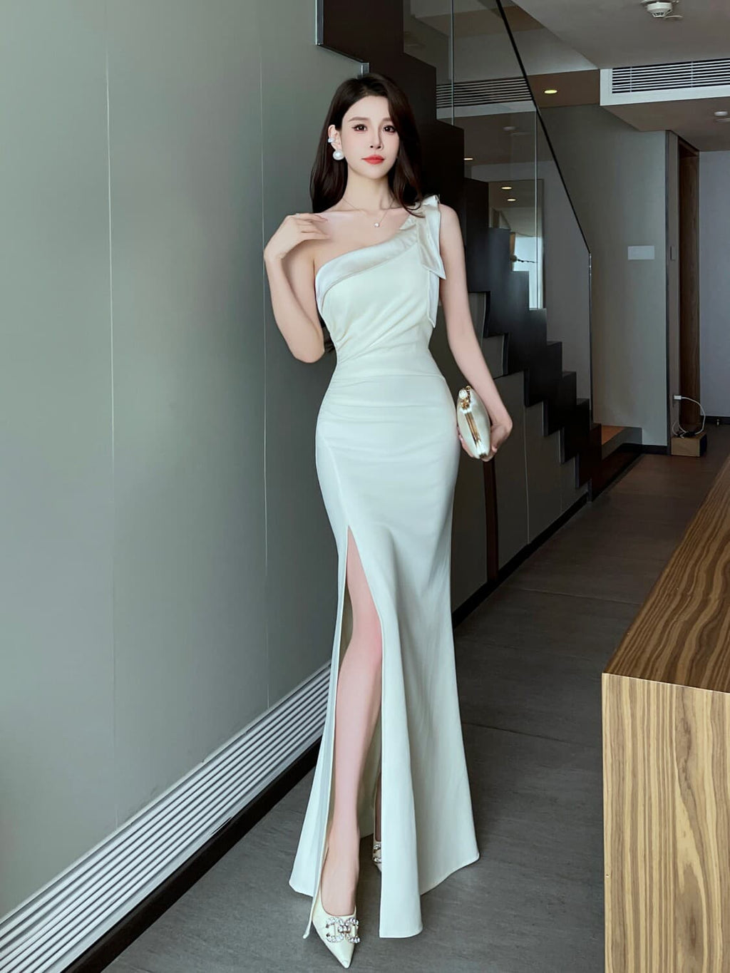 Cream One Shoulder Ruched Mermaid Maxi Dress